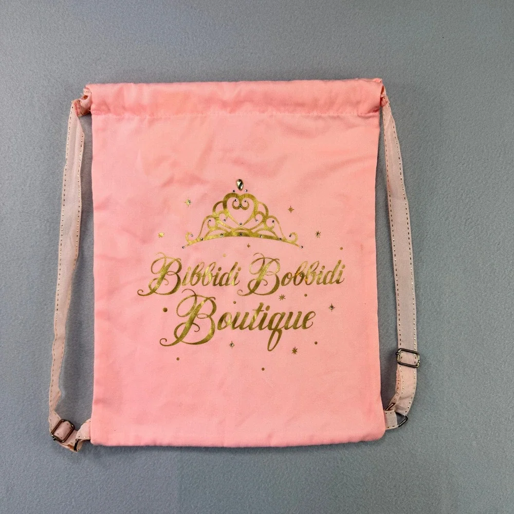Disney Bibbidi Bobbidi Boutique Pink Drawstring Backpack Gold Tiara Rhinestones
